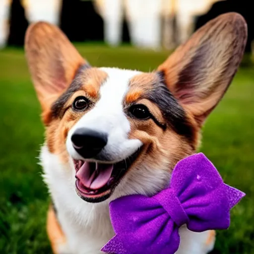 Prompt: a corgi wearing a purple party hat and a red bowtie