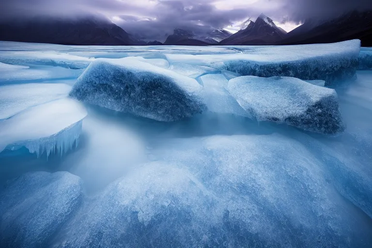 Prompt: moody landscape photography by marc adamus, ice vcave, blue, wide angle