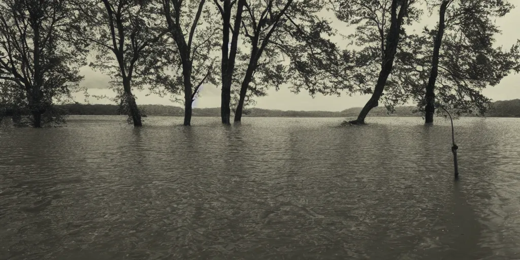 Image similar to centered photograph of a long rope snaking across the surface of the water, floating submerged rope stretching out towards the center of the lake, a dark lake on a cloudy day, mood, trees in the background, hyperedetailed photo, anamorphic lens