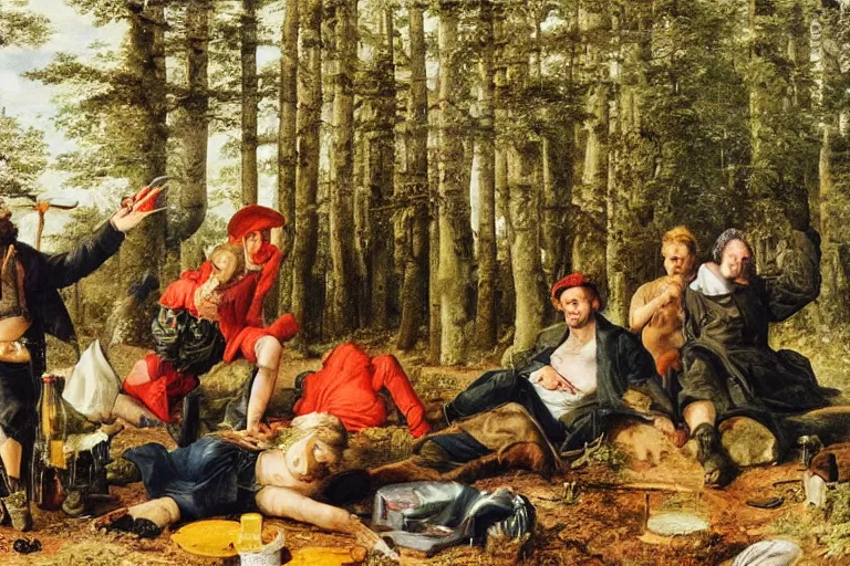 Image similar to mid - thirties guys binge drinking in a forest, in the style of skovgaard