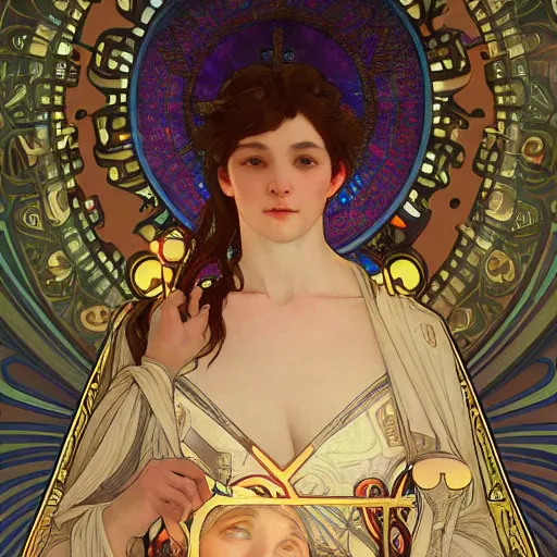 Prompt: a Portrait of A goddess in a church with a holy light emanating from her body by wlop and alphonse mucha,In style of digital art illustration.hyper detailed,smooth, sharp focus,trending on artstation,4k