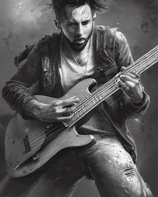 Image similar to chris tt playing guitar, hyper realistic face, fantasy art, in the style of greg rutkowski, intricate, hyper detailed