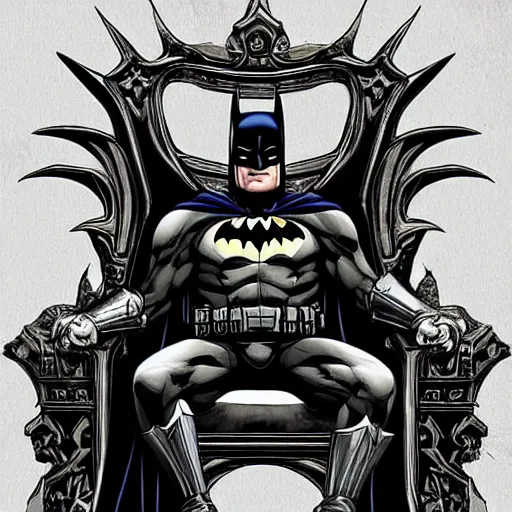 Prompt: Batman sitting in a throne made out of skulls, digital art