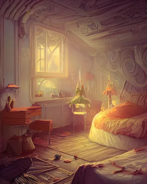 Prompt: beautiful painting of a elven bedroom, art by mike winkelmann, golden hour, illustration, highly detailed, simple, smooth and clean vector curves, no jagged lines, vector art, smooth, artstation