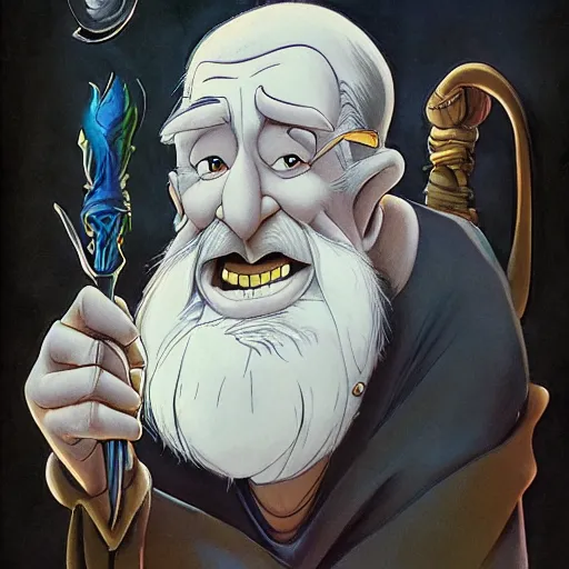 Prompt: portrait of old wizard with crystal wand, rodel gonzalez, marc davis, milt kahl, jim warren, don bluth, glen keane, jason deamer, rob kaz, character art, concept art