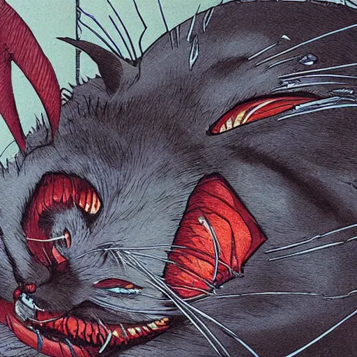 Image similar to vampire cat eating a fish, inside a frame on a tiled wall, frontal picture, by yoichi hatakenaka, masamune shirow, josan gonzales and dan mumford, ayami kojima, takato yamamoto,