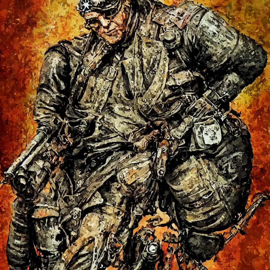 Prompt: ironpunk nazi soldier by bill sienkiewicz, hyperdetailed mixed media painting, colorful, hyperrealism, photorealism, high contrast 8k