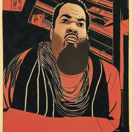 Image similar to Raekwon rapping, portrait, style of ancient text, hokusai