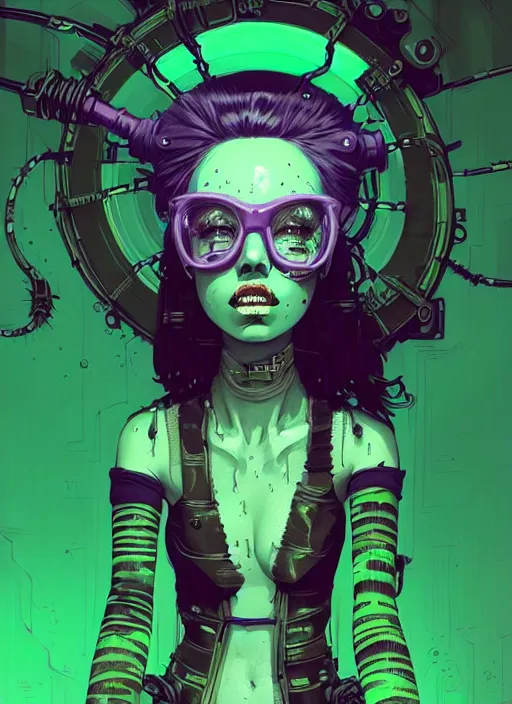 Image similar to highly detailed portrait of an moody wasteland punk long dripping green poison hair tribal lady, stray wiring by atey ghailan, james gilleard, by joe fenton, by greg rutkowski, by greg tocchini, by kaethe butcher, 4 k resolution, gradient purple, brown black and white color scheme!!! ( ( green flaming robotic sewer background ) )