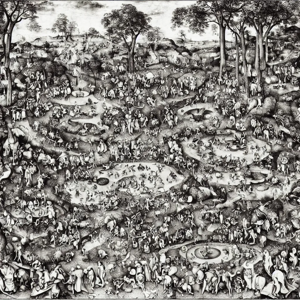 Image similar to garden of eden fountain highly detailed print by pieter bruegel