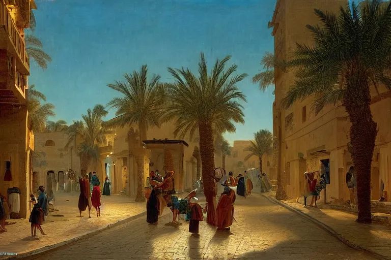 Image similar to palm tree-lined street at midnight in a very ancient very beautiful Egyptian city by Ludwig Deutsch and Rudolf Ernst, colorful tiled architecture, strong dramatic cinematic lighting, lost civilizations, smooth, sharp focus, extremely detailed