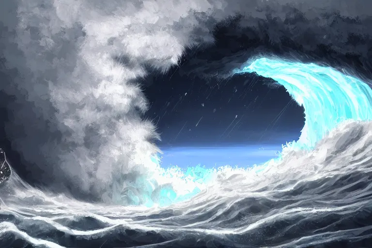 Image similar to cat peeking out from behind a giant tsunami wave, digital painting, epic composition, highly detailed, 8 k