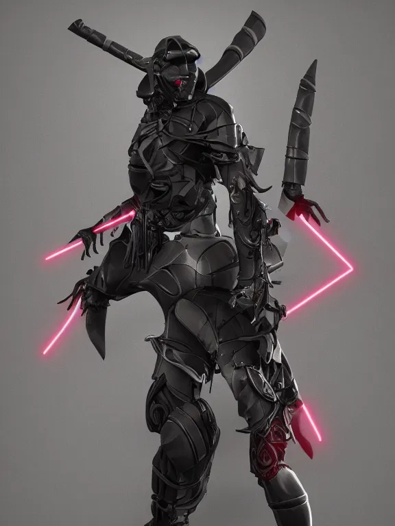 Image similar to full body front view portrait of natural, biocyborg ninja samurai, character design, made in blender, octane render, ray tracing, ultra detailed, fantasy, neon lighting, posing,