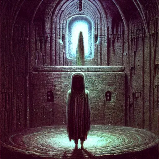 Image similar to cute girl in necromancer crypt by beksinski