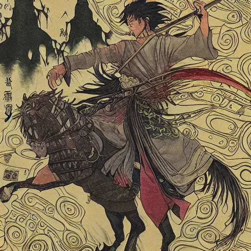 Prompt: a handsome golden Vagabond magic swordsman glides through a beautiful battlefield dramatic esoteric pen and ink illustrated in high detail by Hiroya Oku and Tatsuki Fujimoto