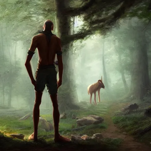 Image similar to 'portrait of the back a male wood-elf caring for the animals in the woods, art by Greg Rutkowski, 4k'