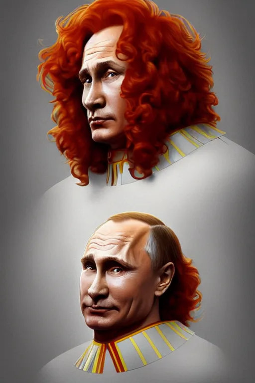 Image similar to vladimir putin as ronald mcdonald, 2 d portrait, symmetrical, highly detailed, digital painting, artstation, concept art, smooth, sharp focus, illustration, cinematic lighting, art by artgerm and greg rutkowski and alphonse mucha