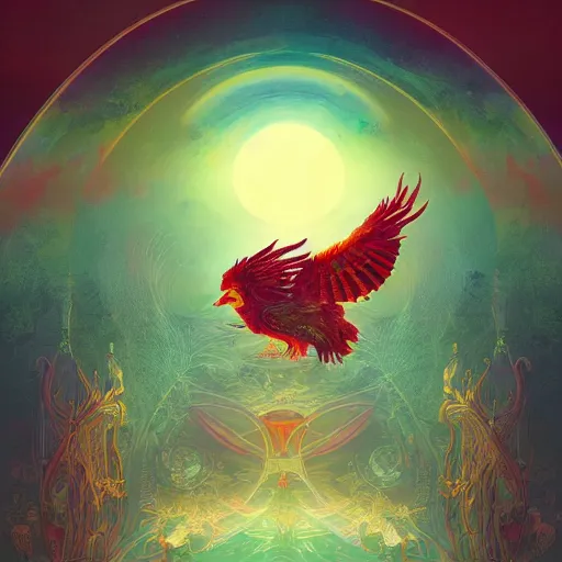 Image similar to the solarpunk phoenix, red bird, ornate egg, regeneration, landscape, epic composition, volumetric light, bokeh, inspired by peter mohrbacher and by alphonse mucha