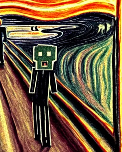 Image similar to minecraft enderman as the subject in the scream by edvard munch