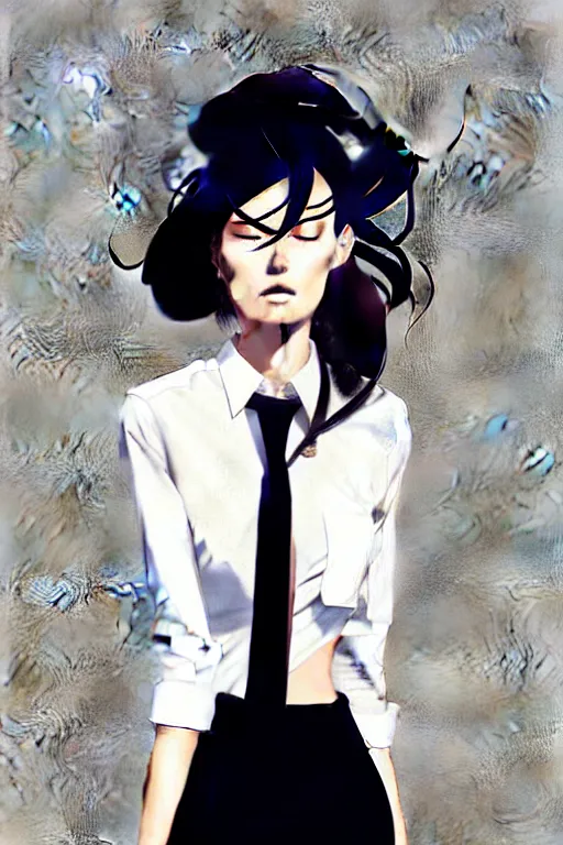 Image similar to a ultradetailed beautiful panting of a stylish woman, she is wearing a white shirt with a tie and black pants, by conrad roset, greg rutkowski and makoto shinkai trending on artstation