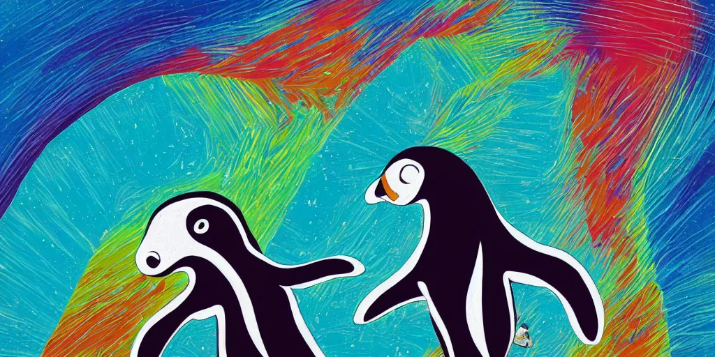 Image similar to a psychedelic surfing penguin, art station, art deco