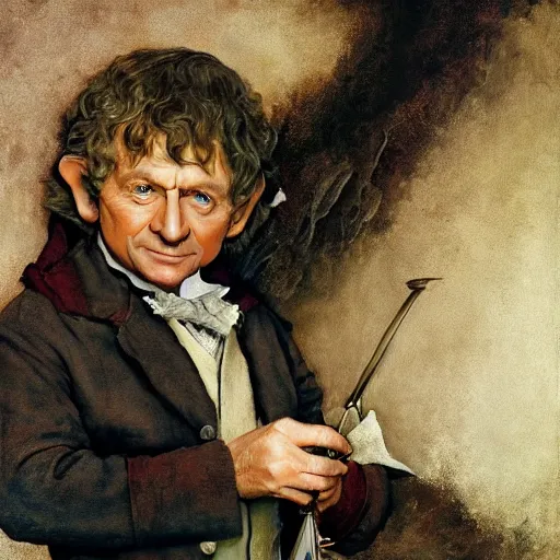 Image similar to bilbo baggins gets on myspace, realistic oil painting, style of norman rockwell, 8 k, super sharp, ultra detail, rule of thirds.