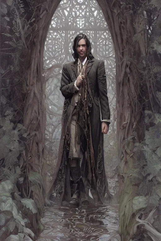 Image similar to skinny male fantasy alchemist, long dark hair, 1 9 2 0 s fashion, elegant, highly detailed, intricate, smooth, sharp focus, artstation, digital paining, concept art, art by donato giancola, greg rutkowski, artgerm, cedric peyravernay, valentina remenar, alphonse mucha