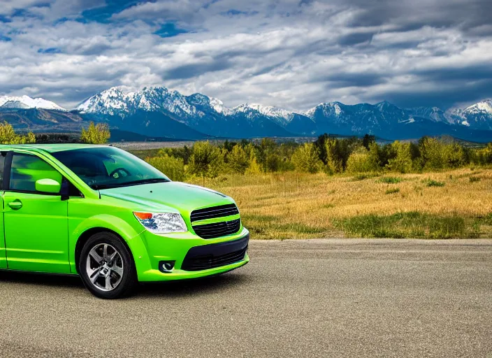 Image similar to lime green dodge caravan in a parking lot with the wasatch mountains in the background, photography, high definition