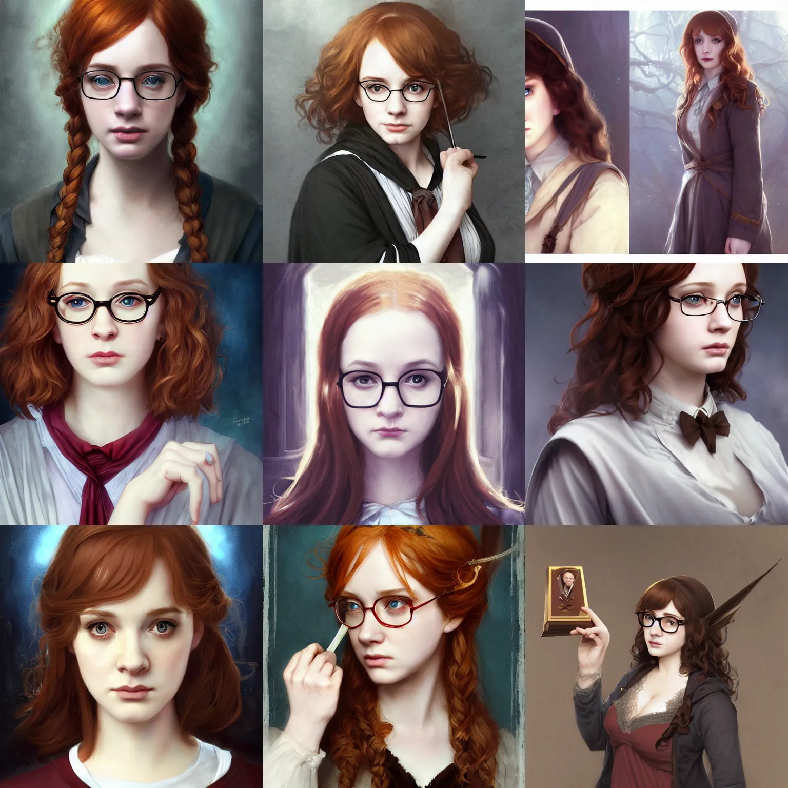 Prompt: beautiful, sad christina hendricks, sad expression dressed as a hogwarts student, with brown hair, harry potter, glasses, by ruan jia and artgerm and range murata and krenz cushart and william adolphe bouguereau, key art, fantasy illustration, award winning, intricate detail realism hdr, full body portrait