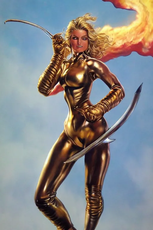 Image similar to a realistic airbrush painting of a nice looking girl with beautiful forms and skin-tight shiny leather leggings fighting a giant, flames spitting dragon with her sword, in style by hajime sorayama and boris vallejo, trending on artstation, 4K