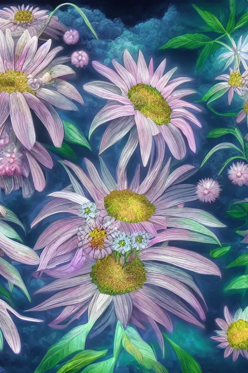 Prompt: beautiful digital matter cinematic painting of whimsical botanical illustration daisies and pearls by alex grey artstation