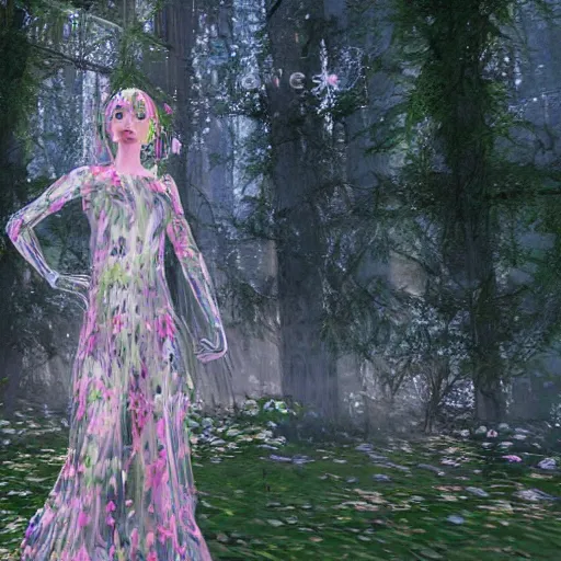 Image similar to cute female forest spirit wearing floral cybernetic hungarian valentino resort sheer dress, overgrown esoteric cyber cathedral sanctuary, fashion gameplay screenshot, painted by raphael in 1 5 1 1