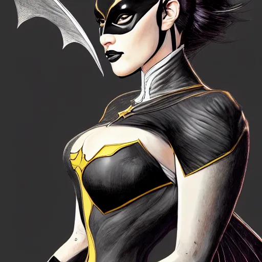 Image similar to 3 / 4 view of a portrait of bat woman with bat wings, confident pose, pixie, genshin impact,, intricate, elegant, sharp focus, illustration, highly detailed, concept art, matte, trending on artstation, marvel comics h 6 4 0