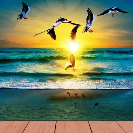 Image similar to seagulls flying over a beach umbrella on the beach at sunrise, concept art, highly detailed, high quality, bright colors,