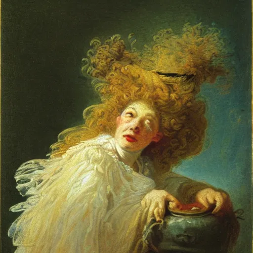 Image similar to a realistic witch portrait, by jean honore fragonard,