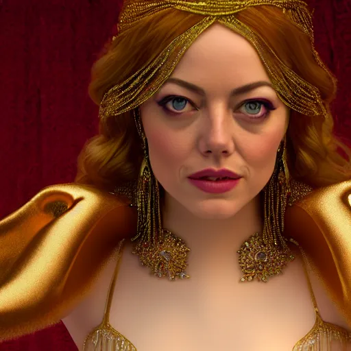 Image similar to a photorealistic portrait of actress emma stone dressed as a belly dancer, arabian night, volumetric lightening, octane render, high quality, fully detailed, 4 k, in focus sharp face with fine details, her hands by albrecht durer, inspired by belly dancer on youtube, alphonse mucha, masterpiece, stunning