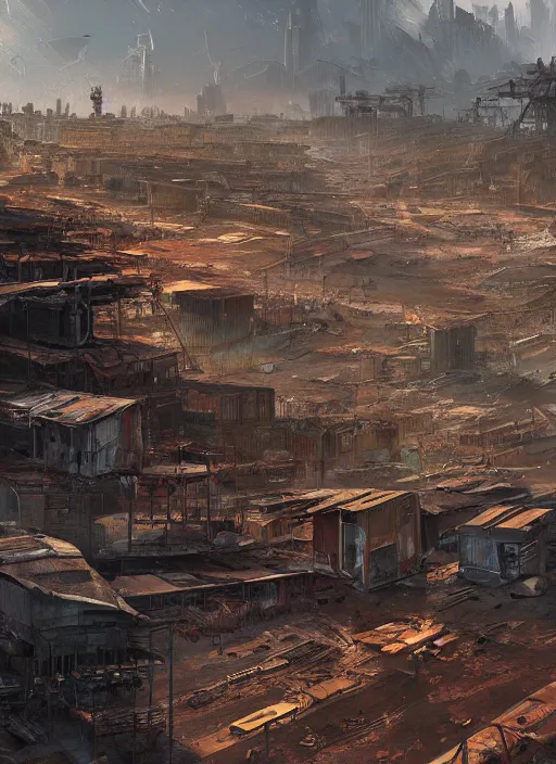 Image similar to A professional digital painting of a far-future city, rust, corrugated metal, shanty town, by Greg Rutkowski and James Gurney, trending on Artstation