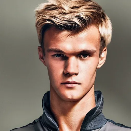 Image similar to a realistic detailed photo of a guy who is an attractive humanoid who is half robot and half humanoid, who is a male android, soccer player martin ødegaard, shiny skin, posing like a statue, blank stare, in a living room, on display, showing off his muscles, with a twin