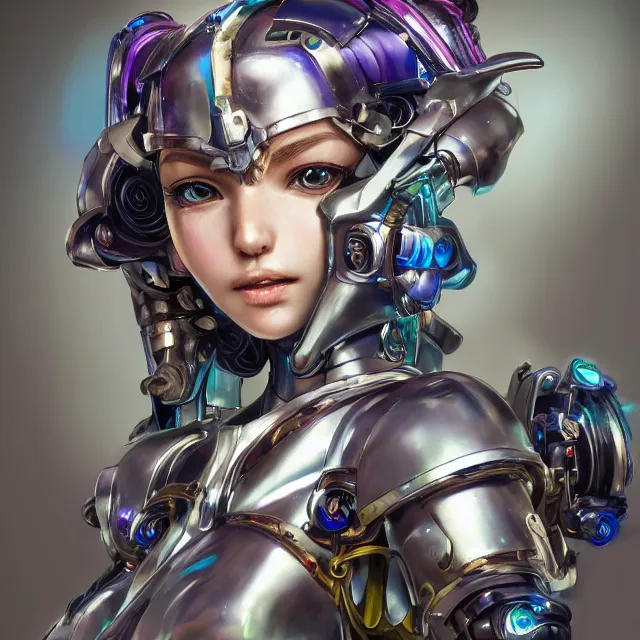 Image similar to studio portrait of lawful good colorful female holy mecha paladin absurdly beautiful, elegant, young sensual gravure idol, ultrafine hyperrealistic detailed face illustration by kim jung gi, irakli nadar, intricate linework, sharp focus, bright colors, matte, octopath traveler, final fantasy, unreal engine highly rendered, global illumination, radiant light, intricate environment