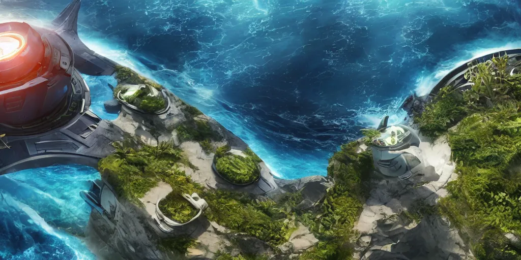 Image similar to circular floating ocean settlement, low angle view, fusion of subnautica and star trek, by noriyoshi ohrai, soft natural volumetric lighting, beautifully detailed 4 k octane render, 4 k post processing