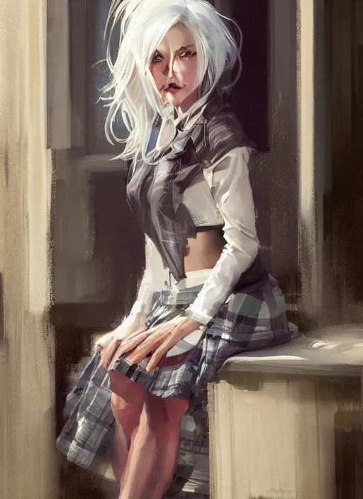 Prompt: white haired woman in a skirt sitting on a window, plaid skirt, cyberpunk, expressive oil painting, night, highly detailed, trending on artstation, by artgerm, by greg rutkowski, beautiful detailed face, vivid colors, detailed body
