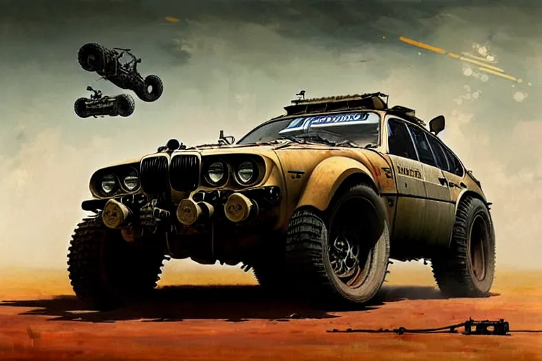 dieselpunk mad max's bmw m 1 4 wd offroad pursuit | Stable Diffusion