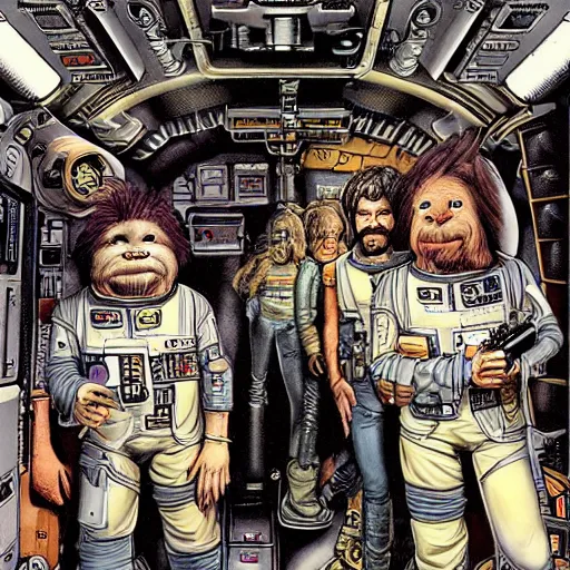 Prompt: scruffy punk starship crew in engine room of nostromo, extraterrestrials, alien 1 9 7 9, ron cobb, jim henson creature shop, mike mignogna, highly detailed, comic book, science fiction, used future