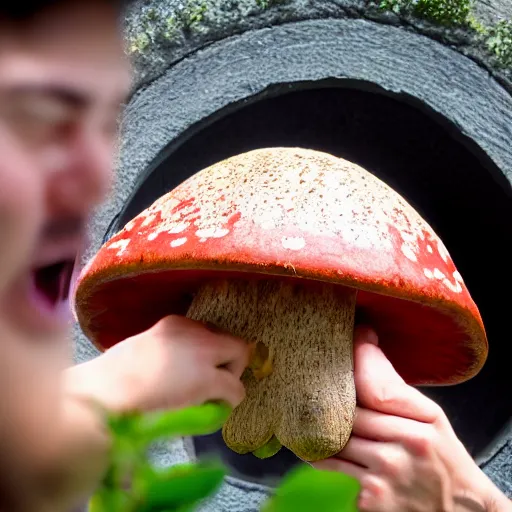 Image similar to photo of real life mario finding a giant mushroom, exhilarated, portrait, closeup. mouth open, 30mm, bokeh