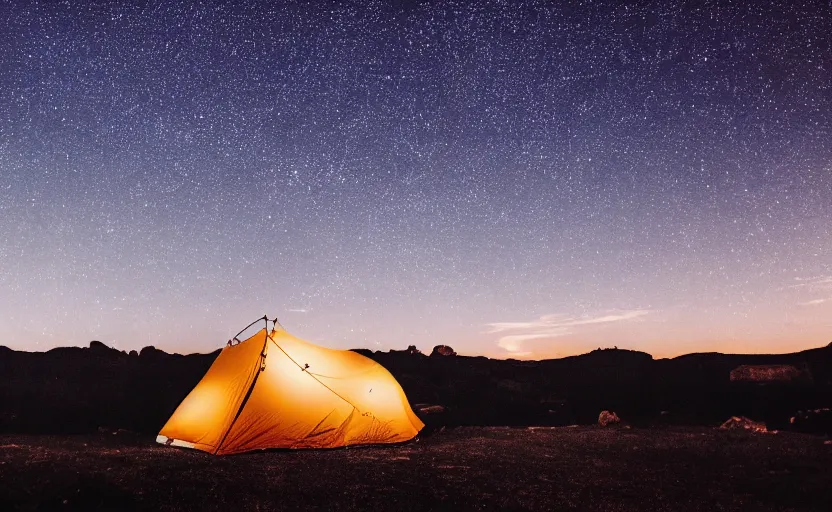 Image similar to night photography of the night sky with stars with a tent and fireplace in foreground