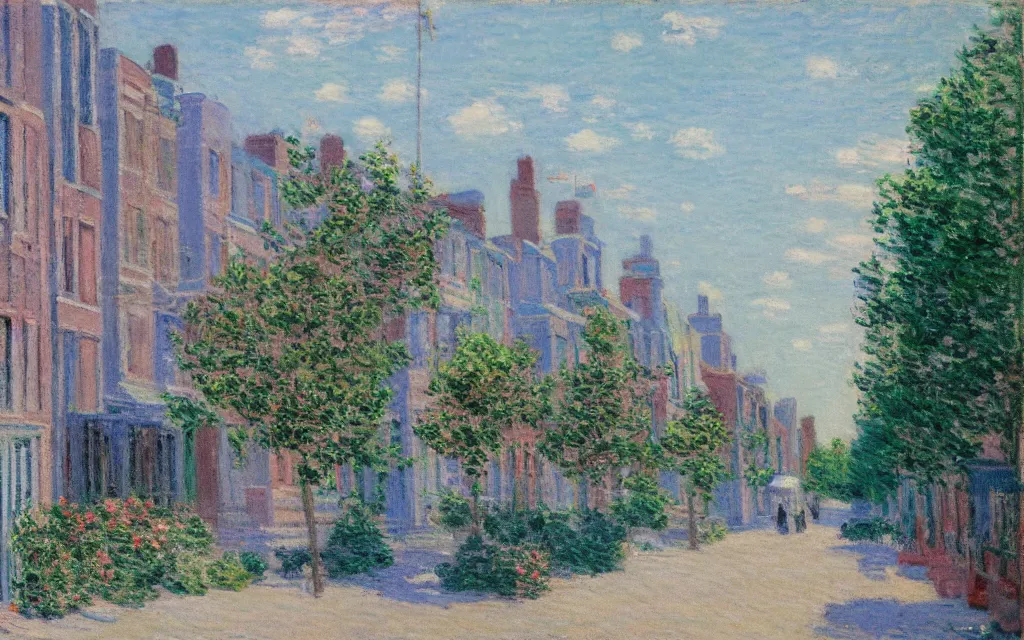 Image similar to photograph of guernsey street in greenpoint brooklyn, oil painting by monet, pastel color palette