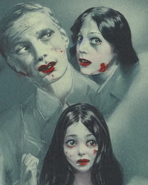 Prompt: a beautiful and eerie vintage pulp illustration of two beautiful but creepy siblings wearing oxford shirts in layers of fear, with haunted eyes and dark hair, 1 9 7 0 s, seventies, wallpaper, a little blood, morning light showing injuries, delicate embellishments, painterly, offset printing technique, by brom, robert henri, walter popp