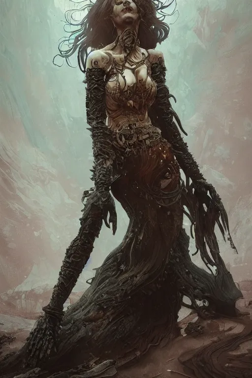 Image similar to a full body portrait of a beautiful post apocalyptic offworld nordic necromancer dancing reposed by the magma pits, intricate, elegant, highly detailed, digital painting, artstation, concept art, smooth, sharp focus, illustration, art by krenz cushart and artem demura and alphonse mucha