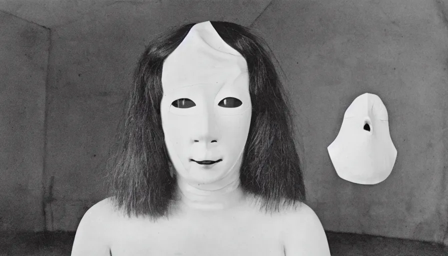 Image similar to 70s movie still close-up portrait of a white female japanese phantom with a taxidermic mask and flesh dress in a liminal space style tunnel, early black and white 8mm, heavy grain, low quality,