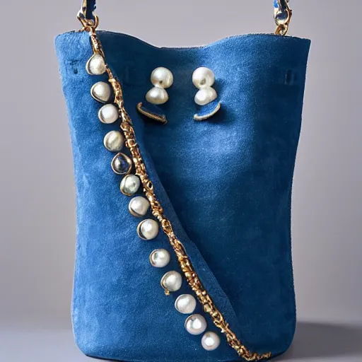 Image similar to a bucket bag made of blue suede. the bag is decorated with intricate golden paisley patterns. the handle of the bag is made of rubies and pearls.